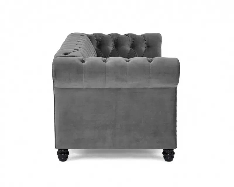 2 Seater Grey Chesterfield Sofa | Velvet Scroll Arm Studded Button Sofa UK