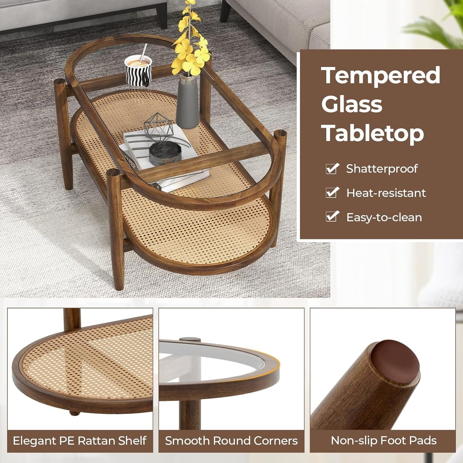 Glass Coffee Table with Rattan Shelf, 2-Tier Wood Frame, 102x56x46cm