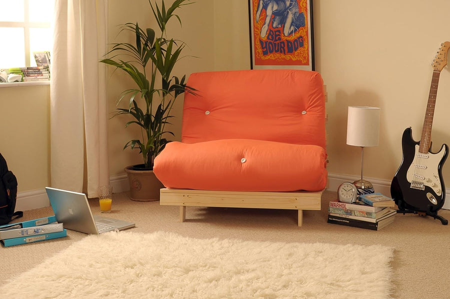 Small Single Wooden Futon Bed with Orange Tufted Mattress Compact & Stylish