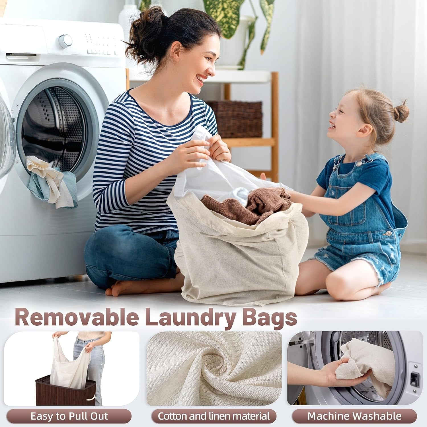 150L Large Bamboo Laundry Hamper 3-Section Basket w/ Lid & Handles | Bedroom Bat