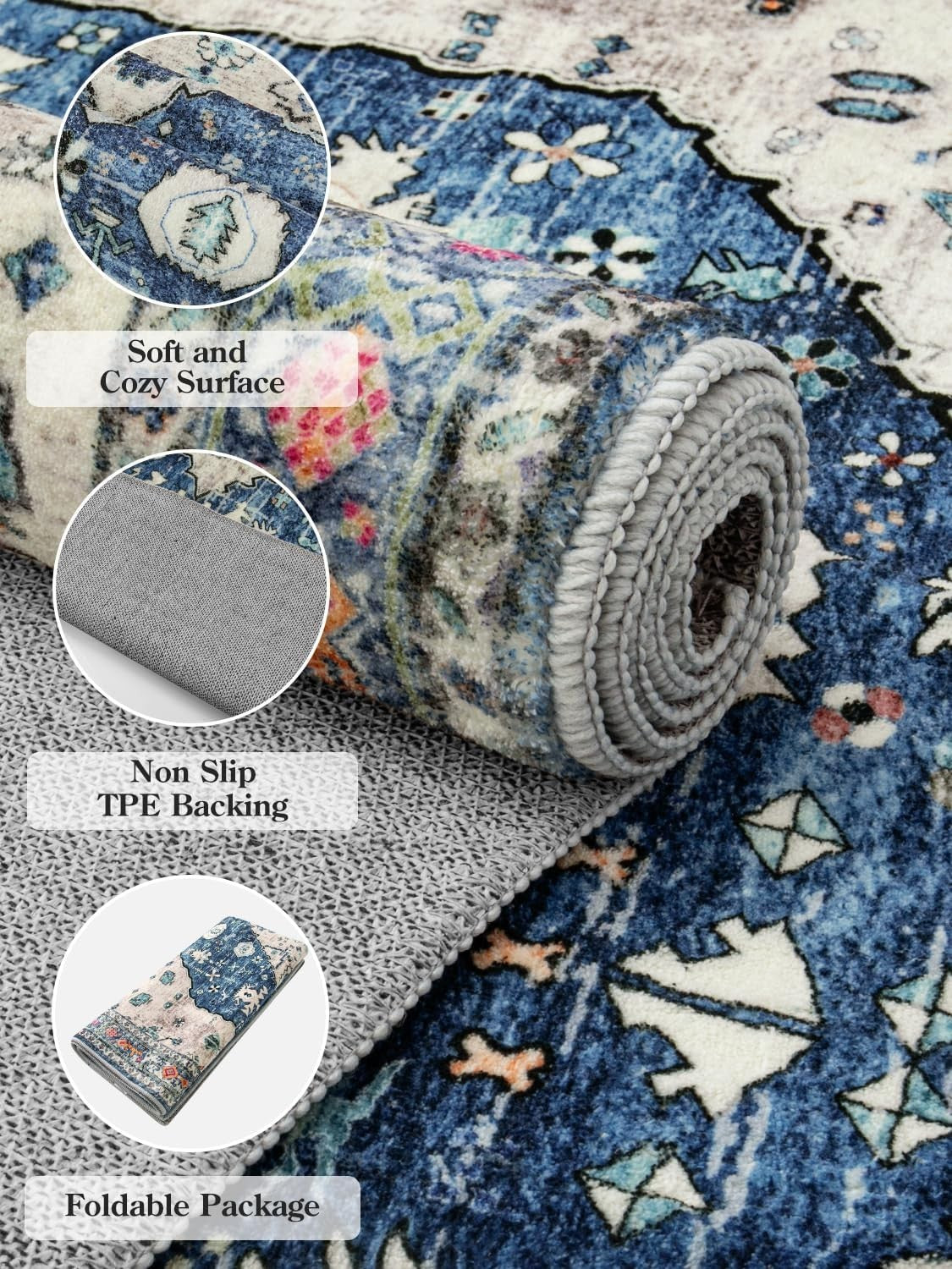 Vintage Boho Area Rug 90x150cm Washable Non Slip Short Pile Living Room Bedroom