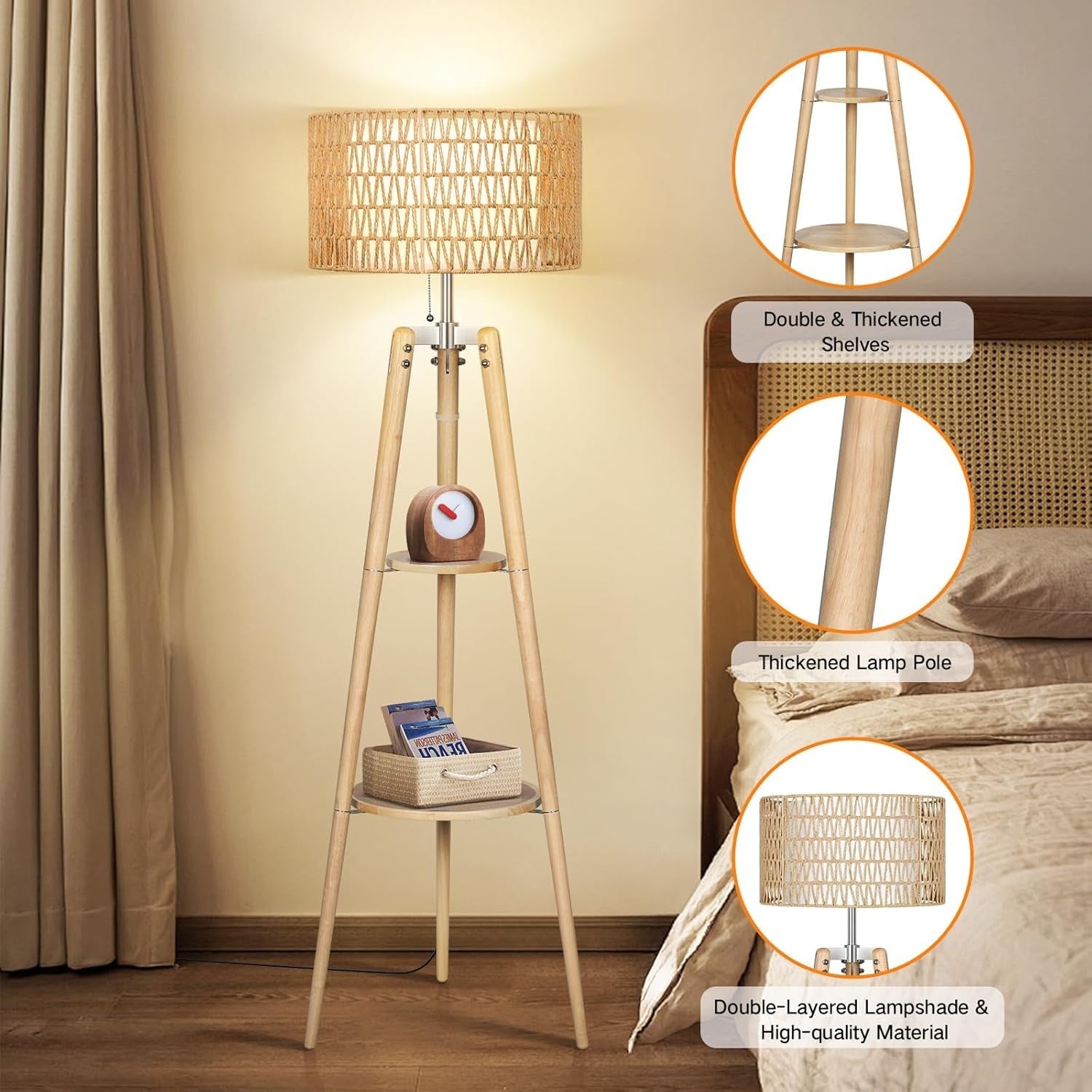 Adjustable Rattan Floor Lamp with Shelves & Remote, Dimmable Warm Light