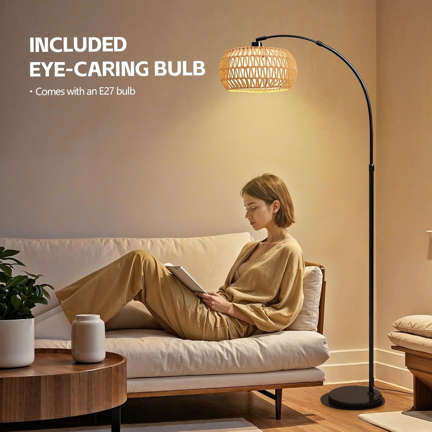 Dimmable Arch Floor Lamp with Remote Boho Rattan Shade Tall Standing Light