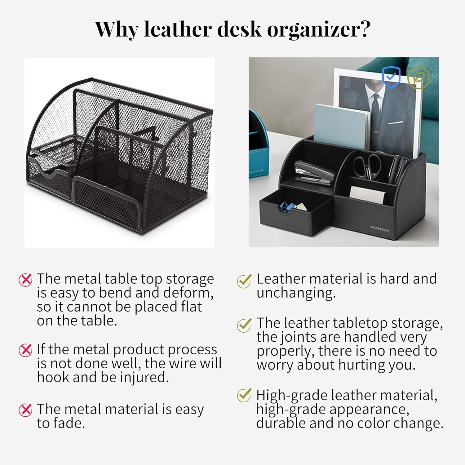 2 Pack Desk Organizer Caddy – Leather Desktop Storage with Drawer