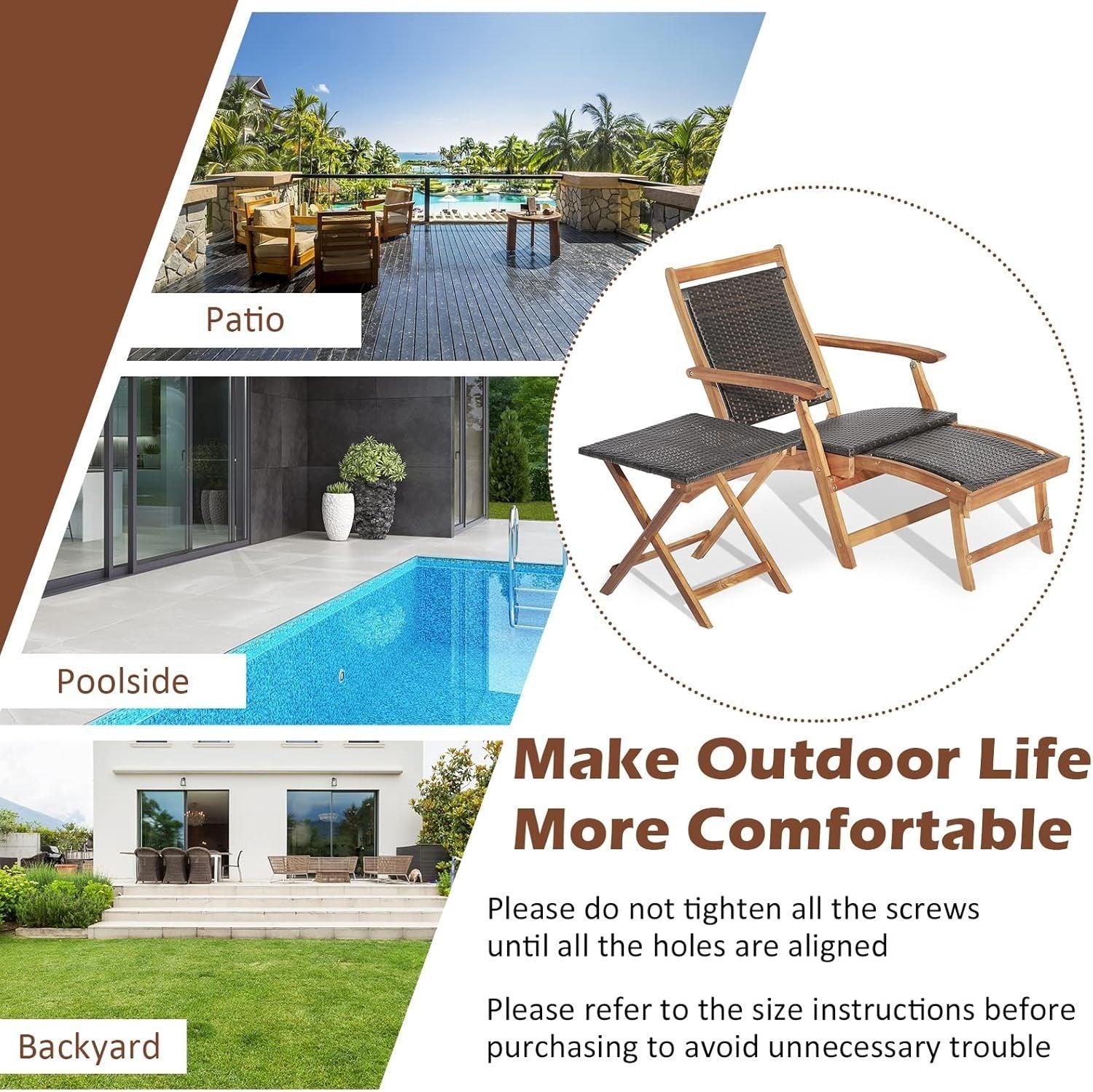 Outdoor Rattan Sun Lounger Recliner with Retractable Ottoman & Side Table