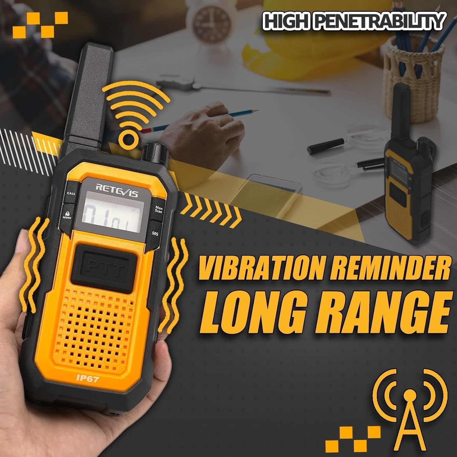 Heavy Duty Walkie Talkies IP67 Waterproof w Earpiece 6 Pack Charger