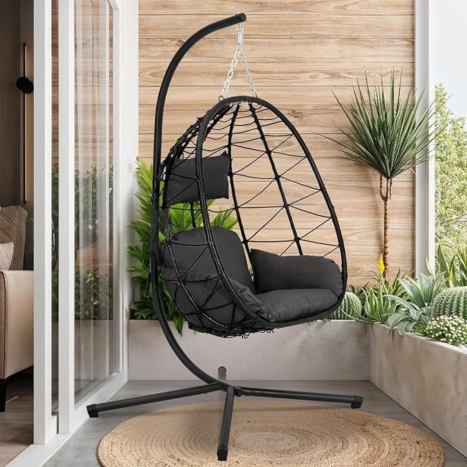 Rattan Hanging Egg Chair with Stand Swing Seat Cushion Indoor Outdoor Patio
