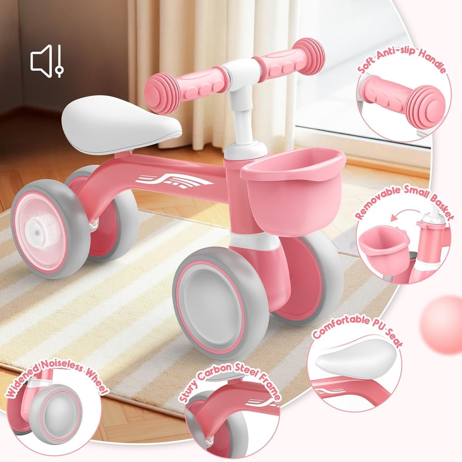 Baby Balance Bike LED Wheels Toddler Ride On Walker Basket Pink 1-3 Years