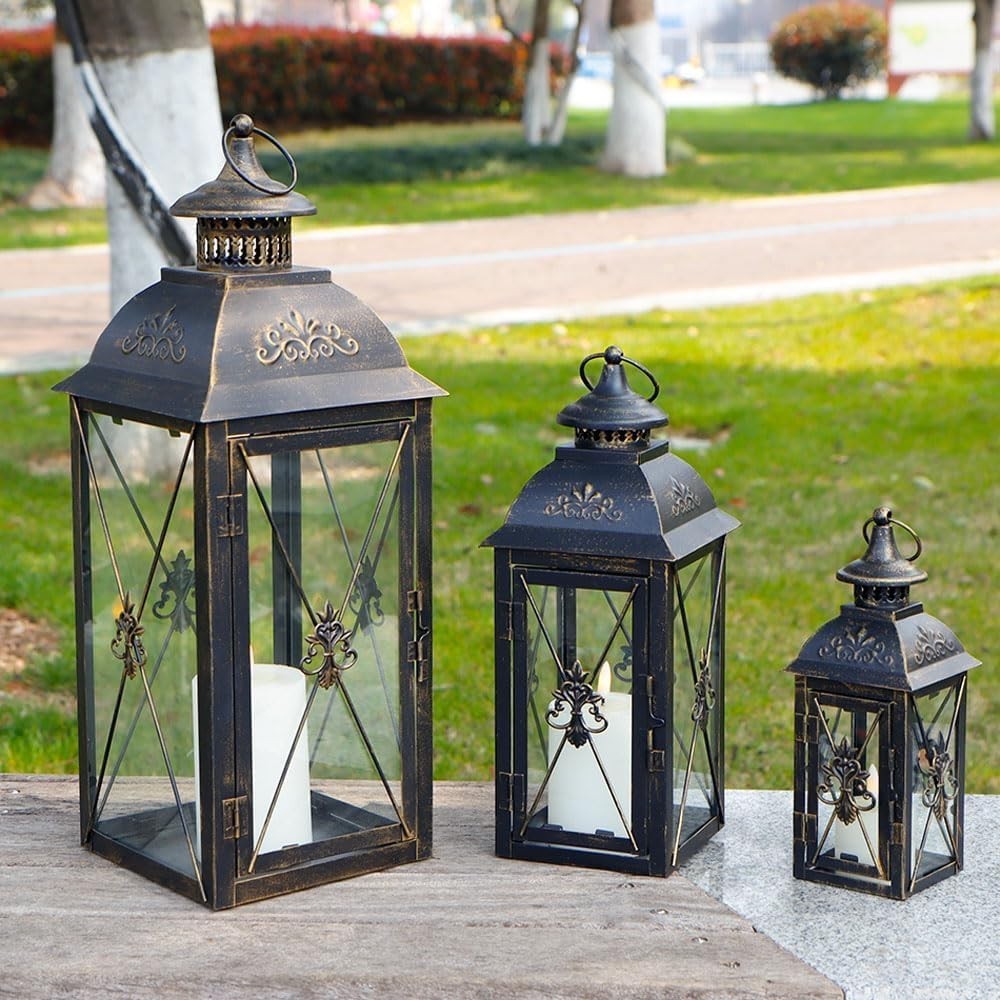 Black Gold Lantern Set of 3 Vintage Metal Candle Holders
