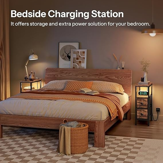 Slim Bedside Table with LED Light & Charging Ports, Narrow Nightstand Drawers