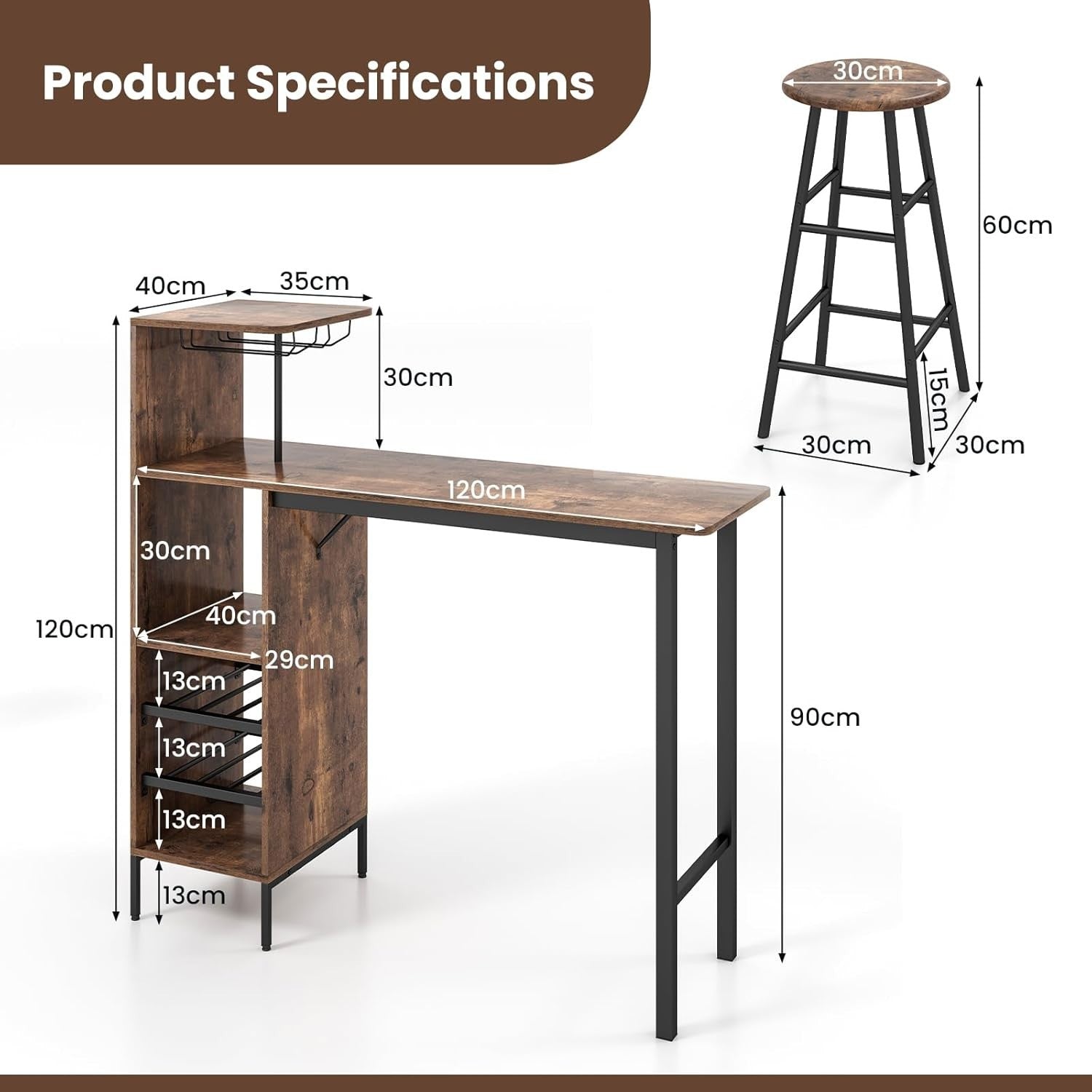 Rustic Brown Bar Table Set with Stools, Storage Shelves, Wine Rack & Foot Pads