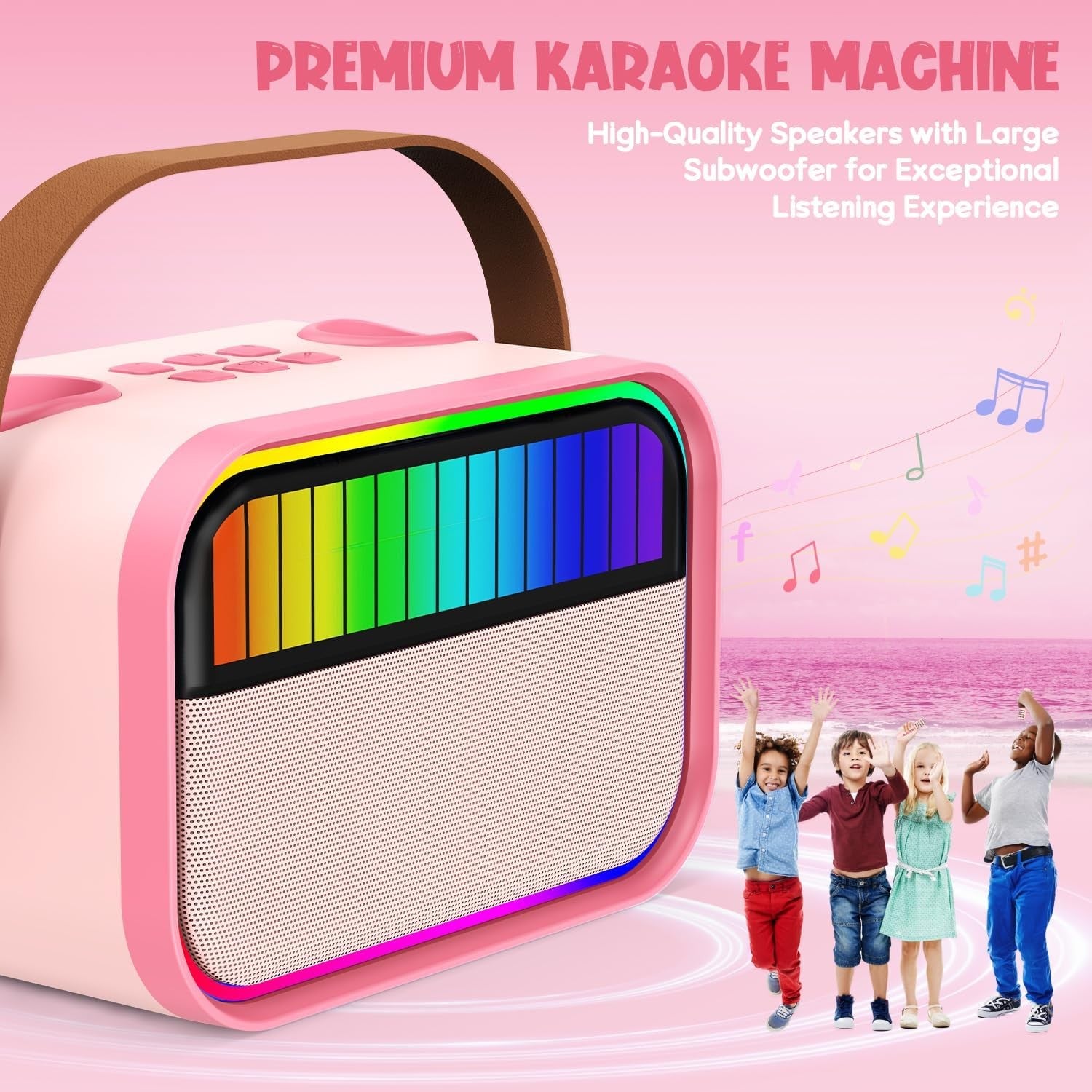 Kids Karaoke Machine with 2 Mics Bluetooth Party Speaker Pink