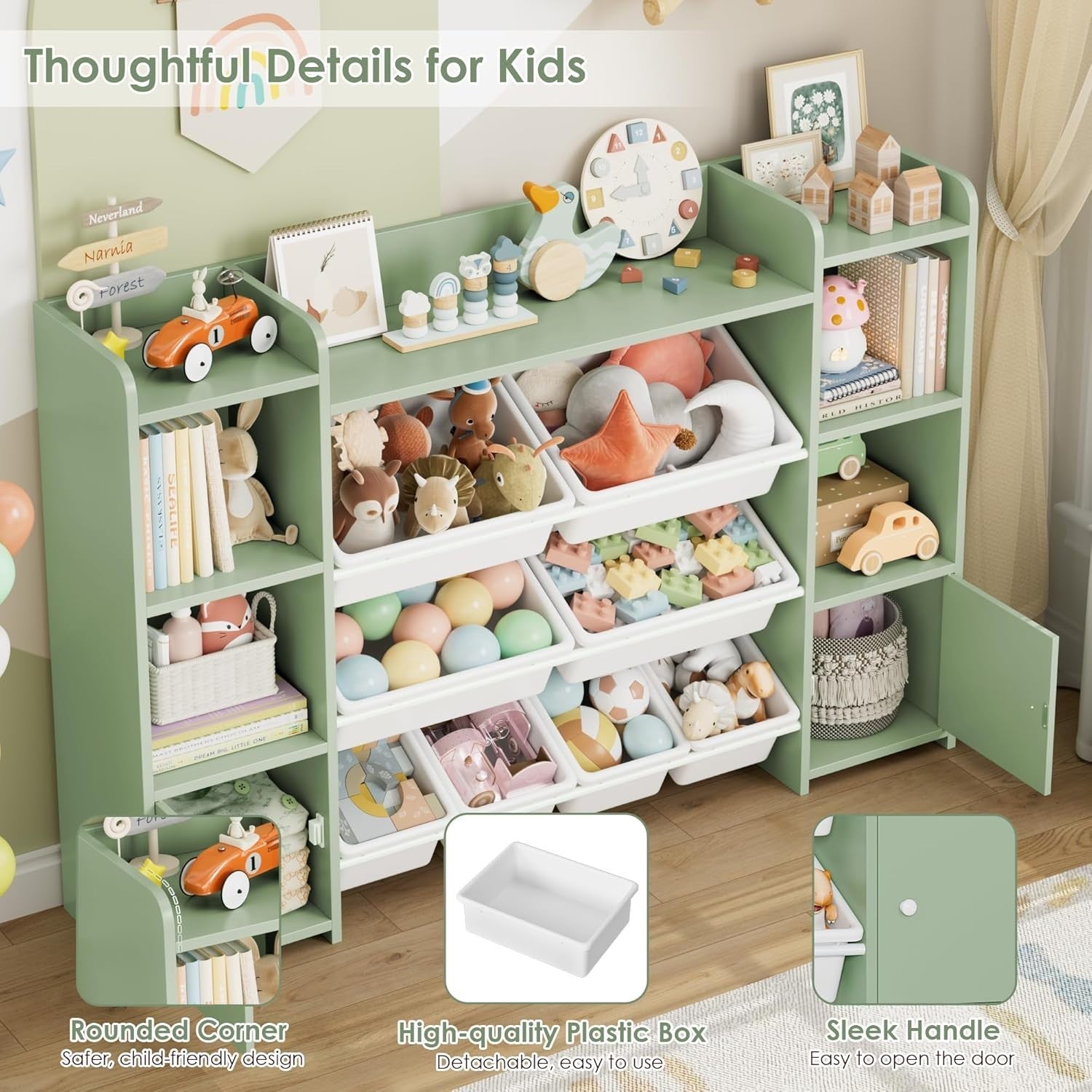 Kids Toy Storage Unit with 8 Boxes & Shelves – Green Bookcase Organizer