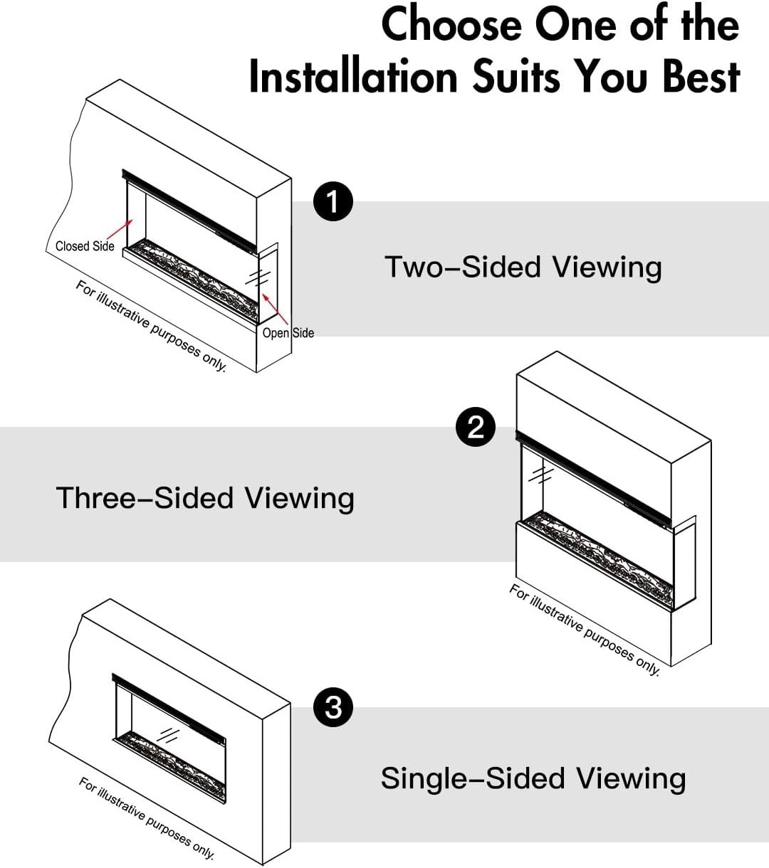 3-Sided Electric Fireplace 1800W Recessed Wall-Mount Flame Effect Black