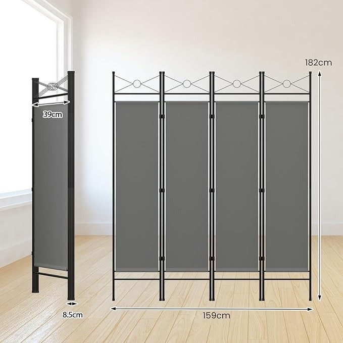 Grey 4 Panel Folding Room Divider – Freestanding Privacy Screen with Removable
