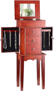Standing Wood Jewellery Armoire with Drawers Flip Top Mirror Storage
