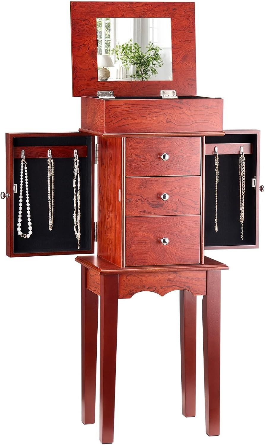 Standing Wood Jewellery Armoire with Drawers Flip Top Mirror Storage