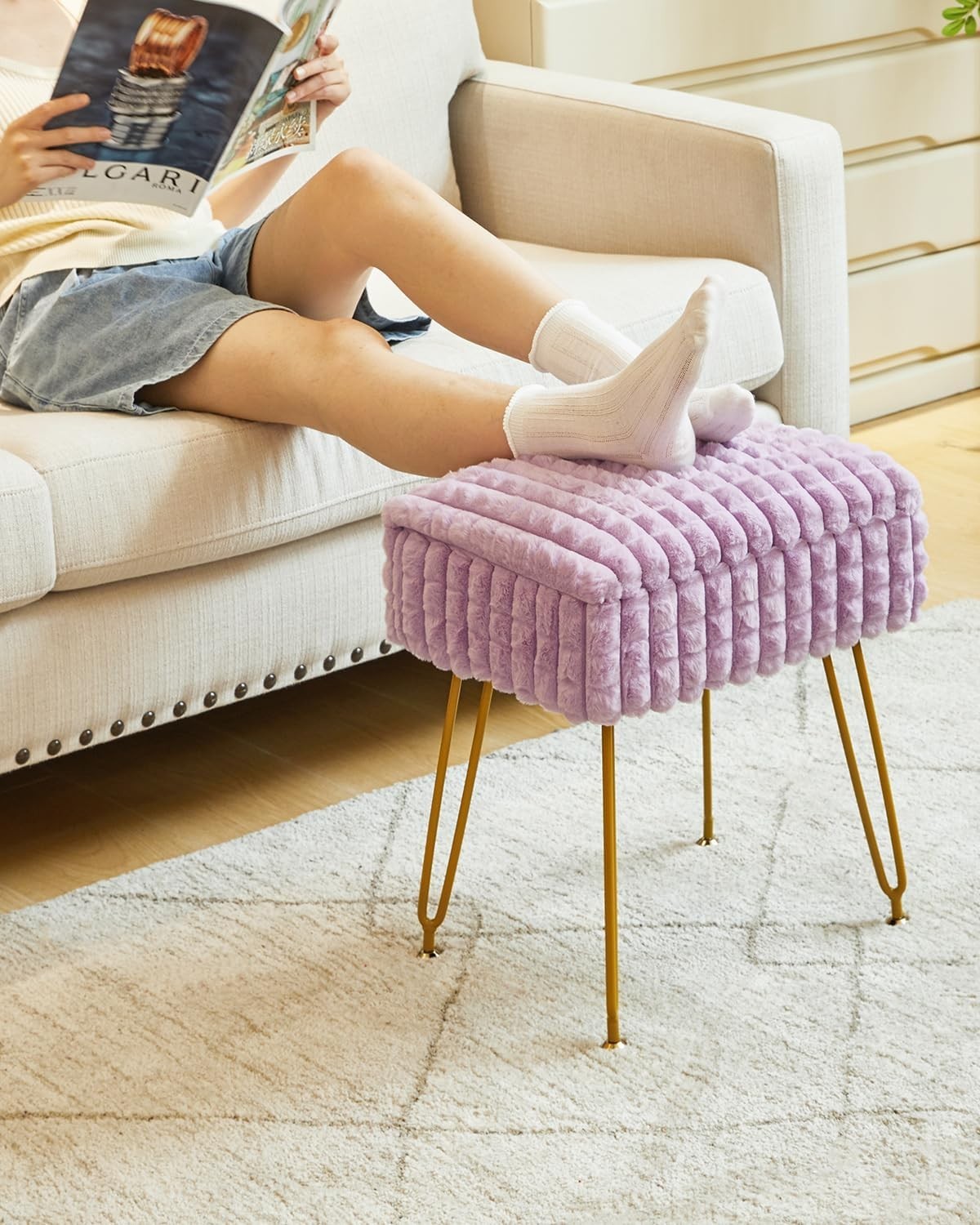 Purple Rectangular Vanity Stool with Storage Padded Makeup Chair with Metal Legs
