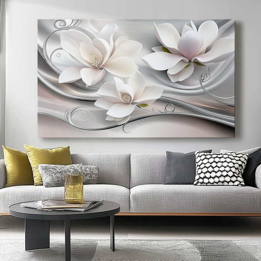 Large Floral Canvas Wall Art White Grey Modern Framed Print 46x31cm