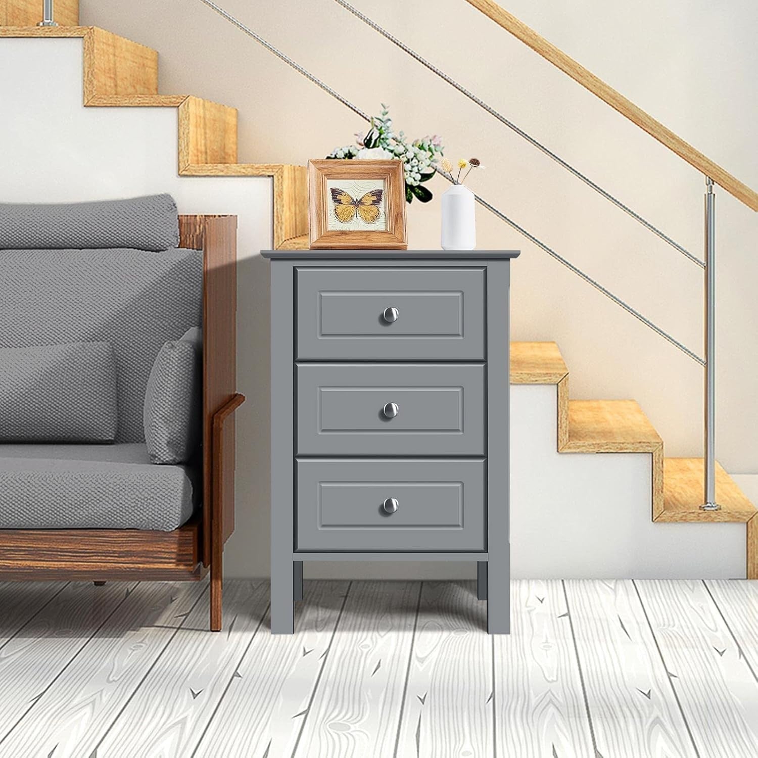 Dark Grey Bedside Tables Set of 2 – Wooden 3 Drawer Nightstand