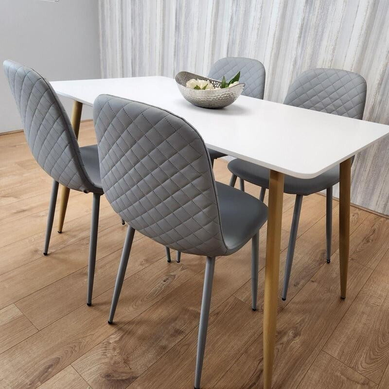 White Dining Table Set with 4 Grey Quilted Chairs – Modern Kitchen Set