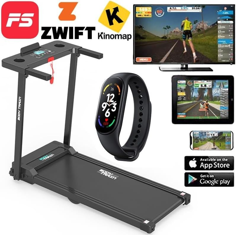 Folding Bluetooth Treadmill Flat-Fold 10km/h 2HP App Sync Kinomap Zwift Home Use
