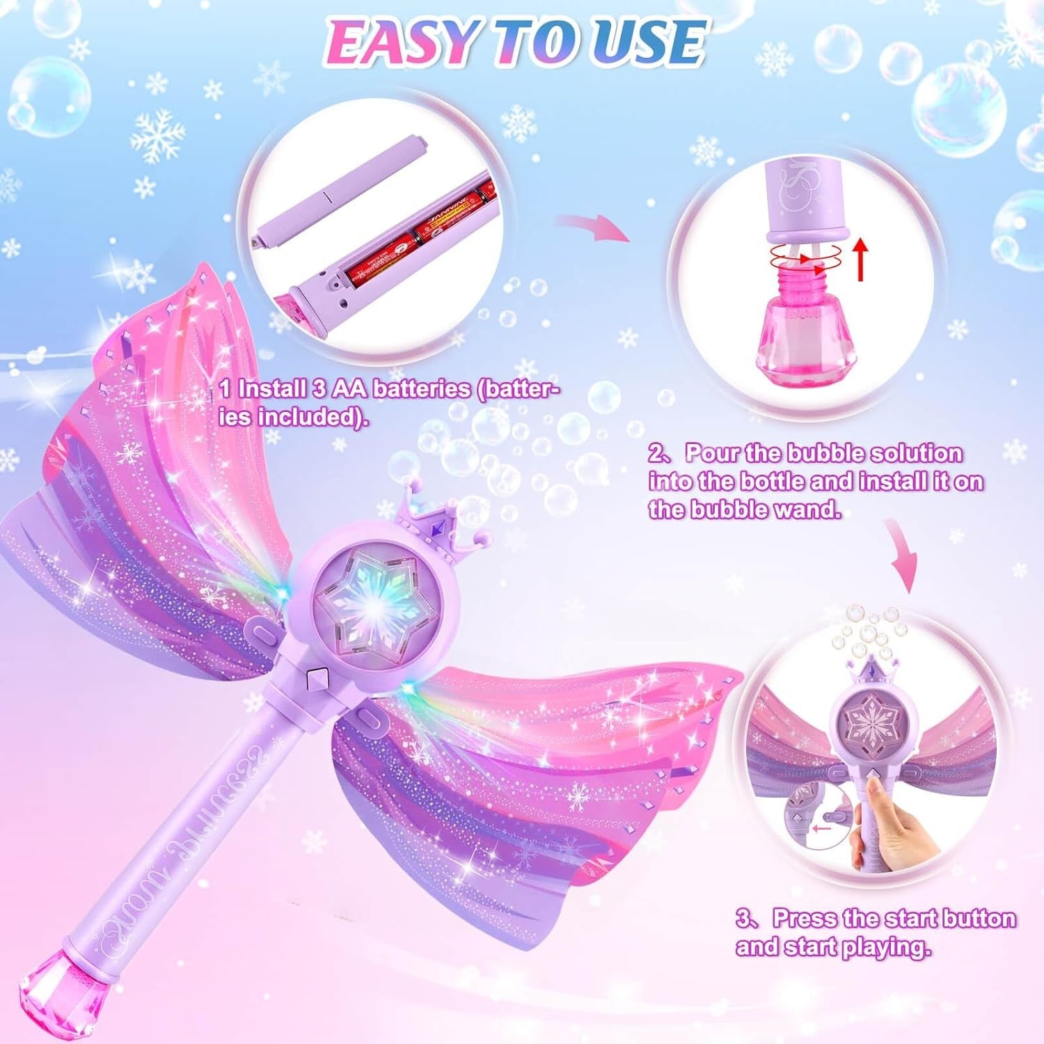Kids Bubble Wand Light Music Fairy Princess Toy Purple