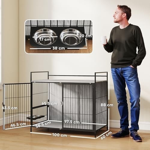 Dog Crate Furniture with Feeding Bowls & Storage, Lockable Doors, Grey