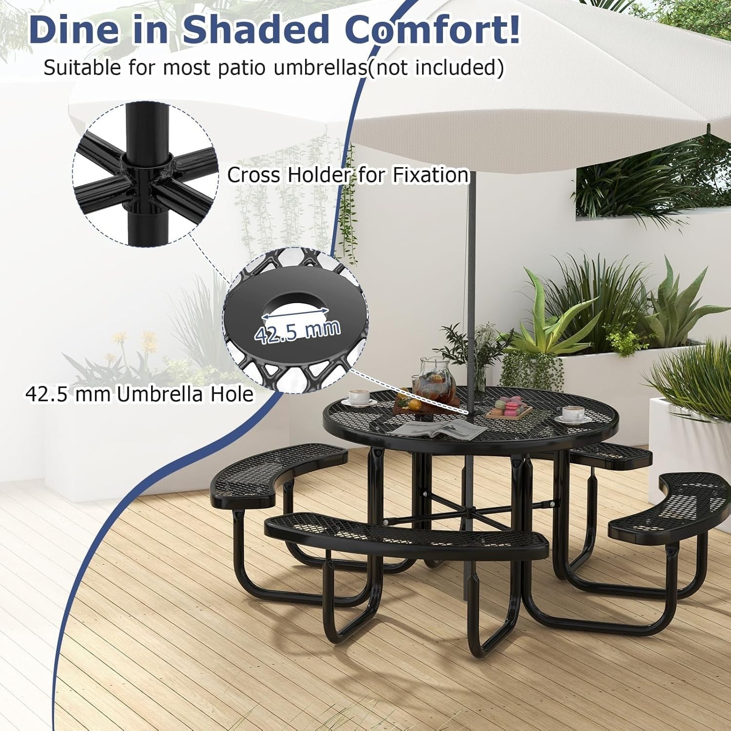 8-Seater Round Picnic Table & Bench Outdoor Dining Set with Umbrella Hole