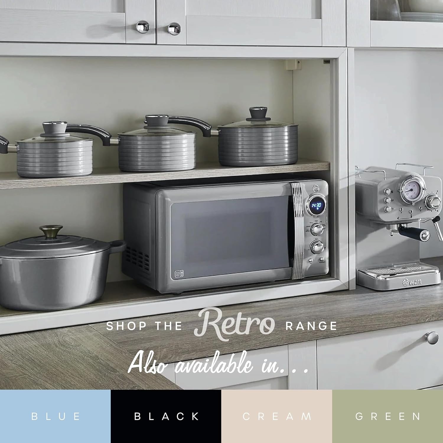 Grey 20L Retro LED Microwave 800W 6 Power Levels Defrost