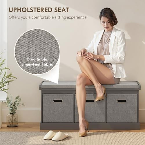 Grey 3-Drawer Shoe Storage Bench with Cushion Seat – Modern 105cm Hallway