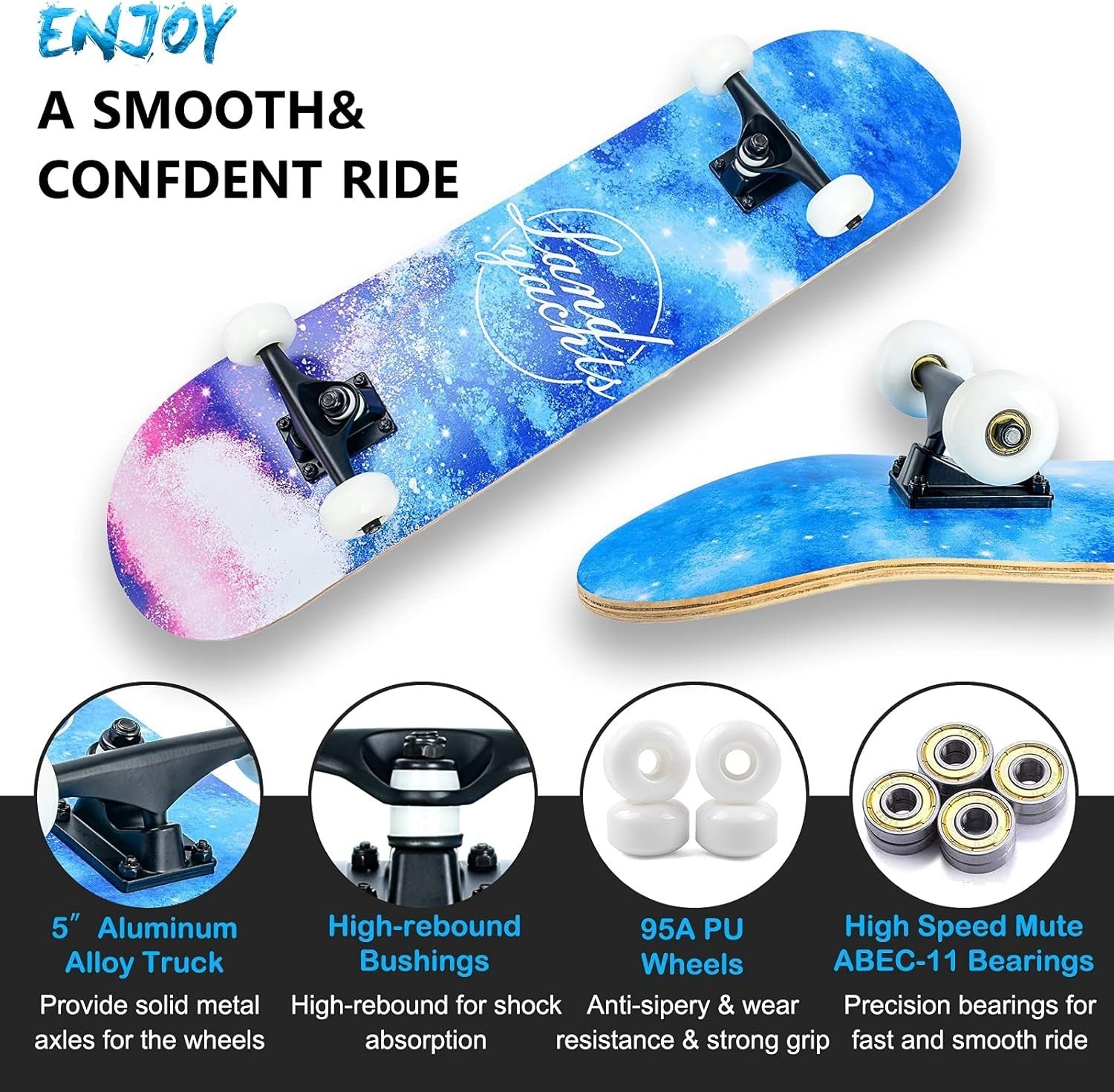 31 Inch Complete Skateboard Maple Deck Double Kick Kids Teens Adult