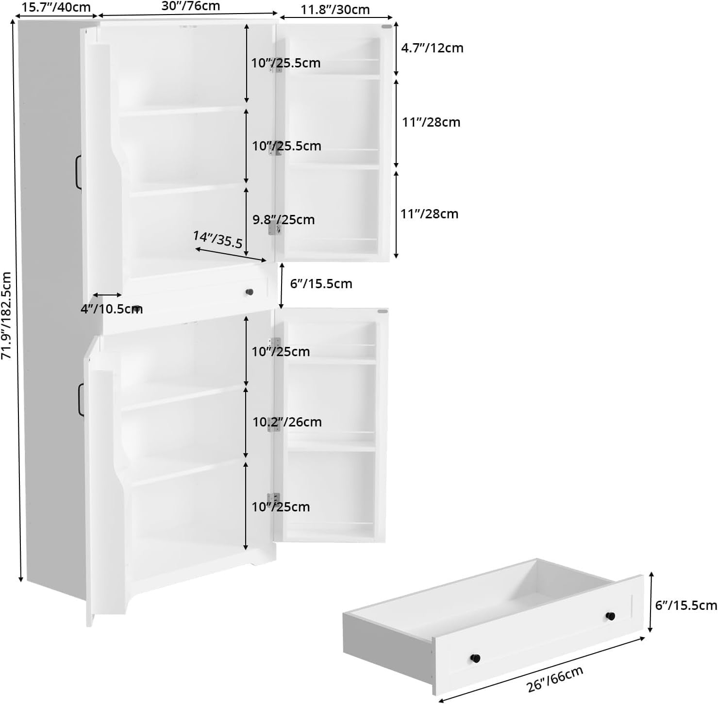 Tall Kitchen Cabinet 4 Doors 1 Drawer 4 Adjustable Shelves White