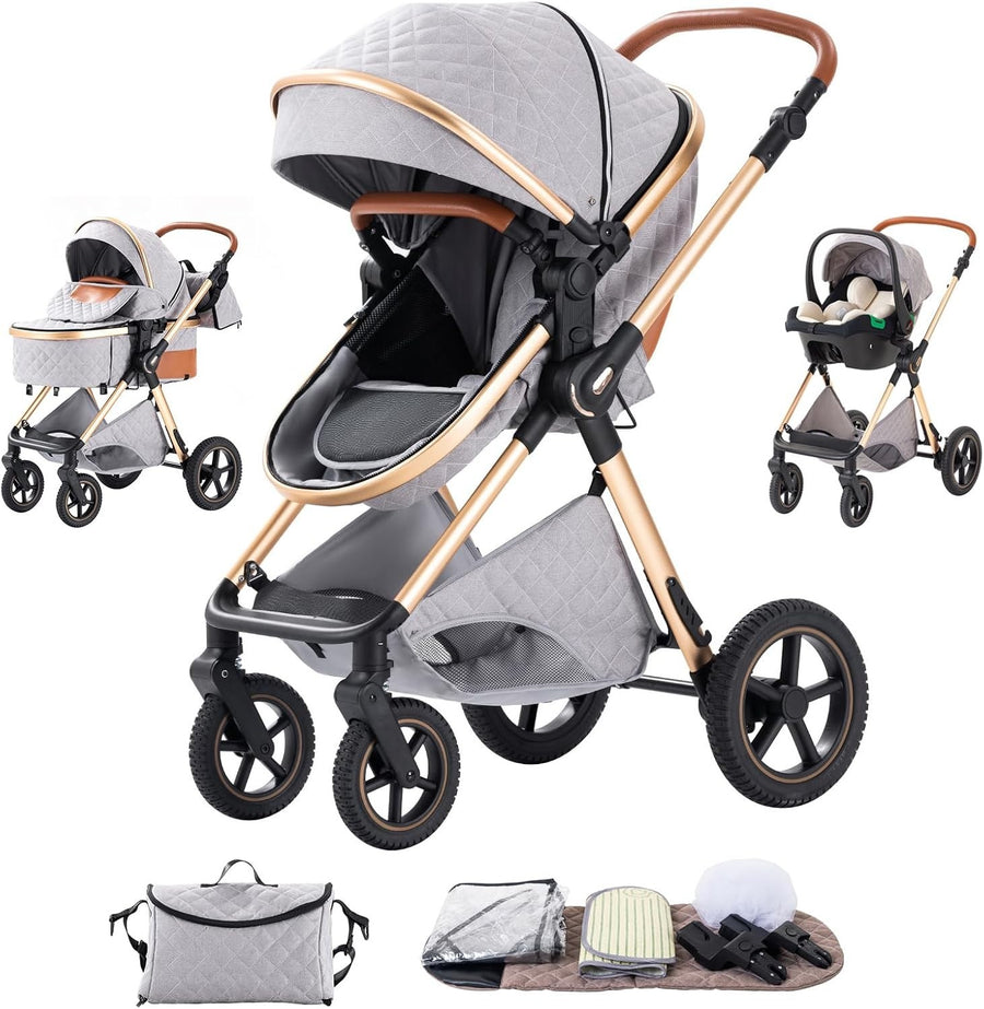 3 in 1 Baby Pram Pushchair Lightweight Folding Travel System Grey
