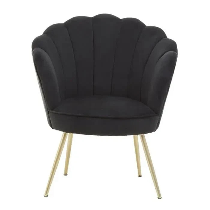 Black Velvet Shell Chair – Scalloped Accent Seat with Gold Metal Legs