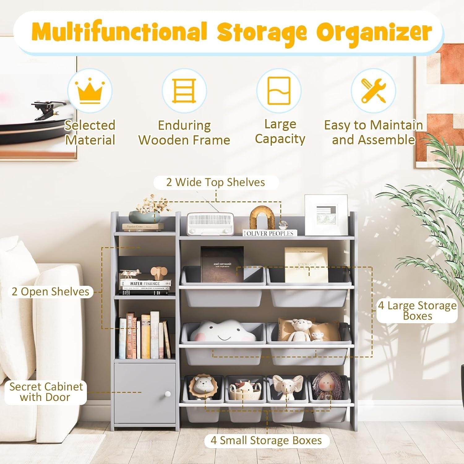 4 Tier Kids Toy Storage Unit with Bins Bookshelf & Cabinet Grey 112x30x100cm