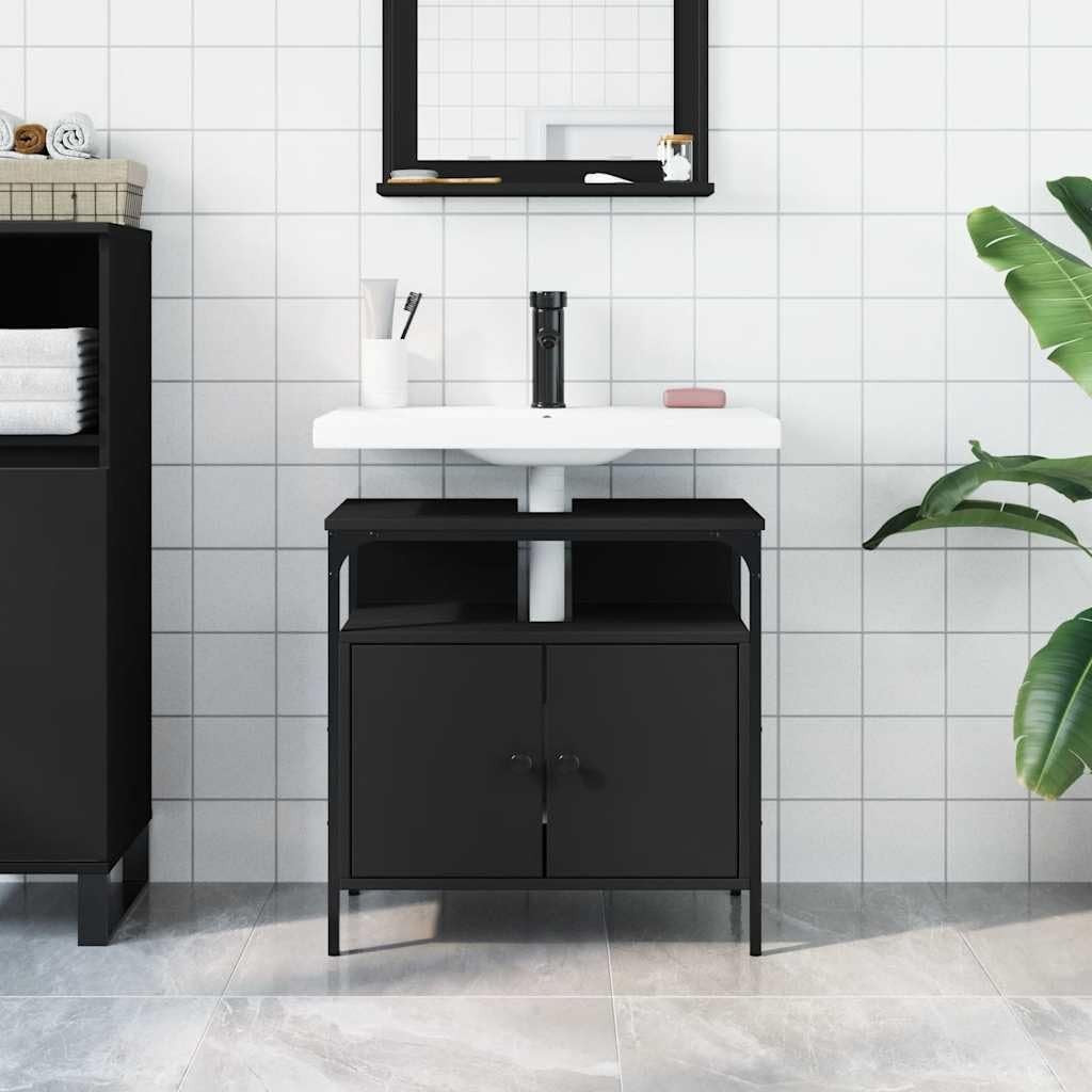 Black Under Sink Bathroom Cabinet 2 Door Vanity Storage Unit with Open Shelf