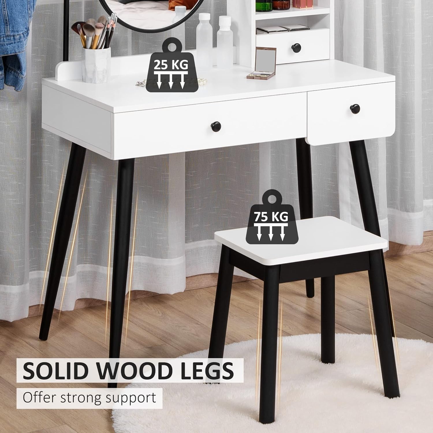 White Dressing Table Stool Mirror Set Vanity Desk 3-Drawer Storage & Shelves