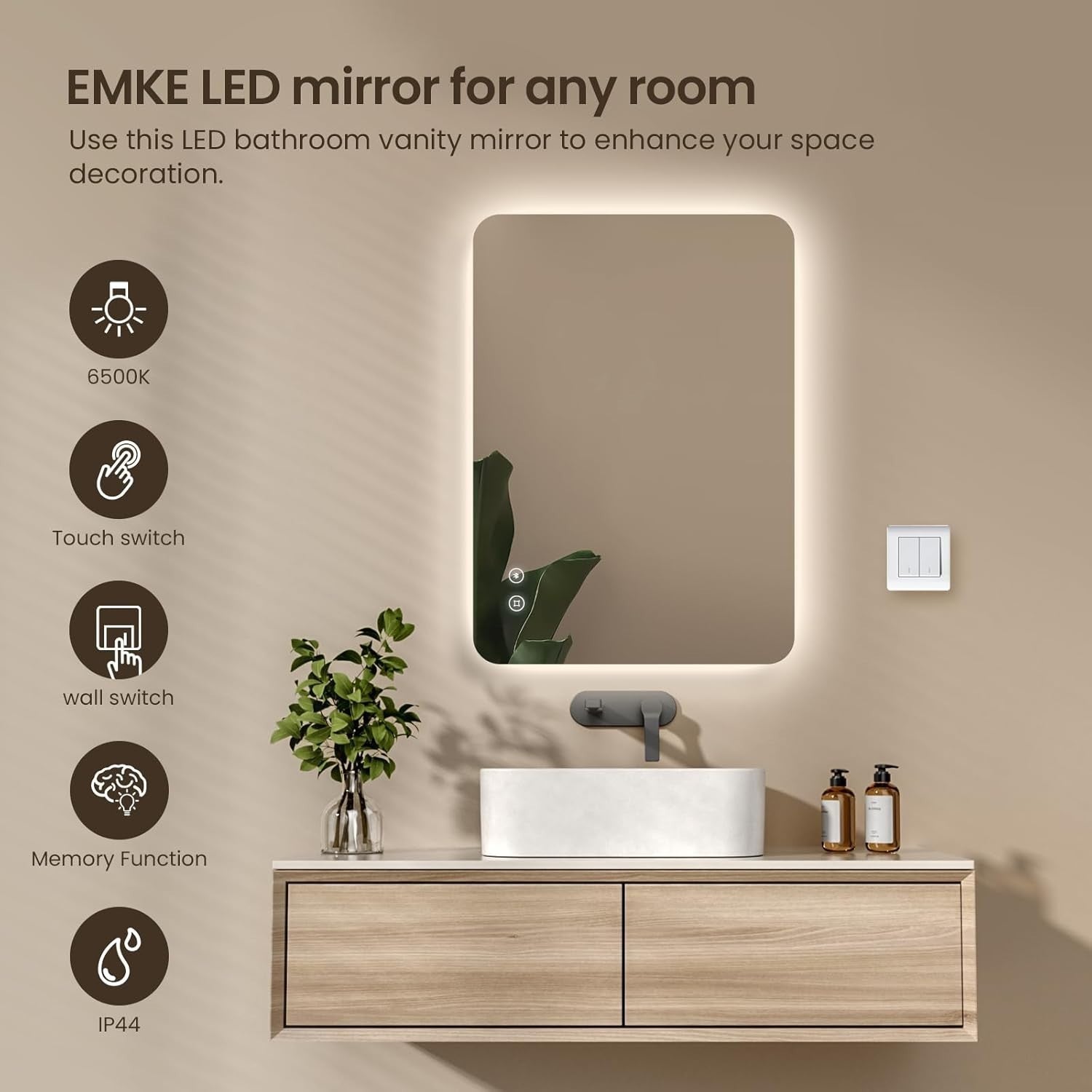 Bluetooth LED Bathroom Mirror with Anti-Fog Touch & Shaver Socket 60x80cm