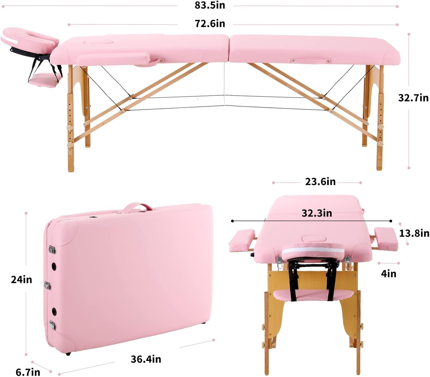 Portable Massage Table Foldable Wooden Adjustable Therapy Bed Tattoo Pink