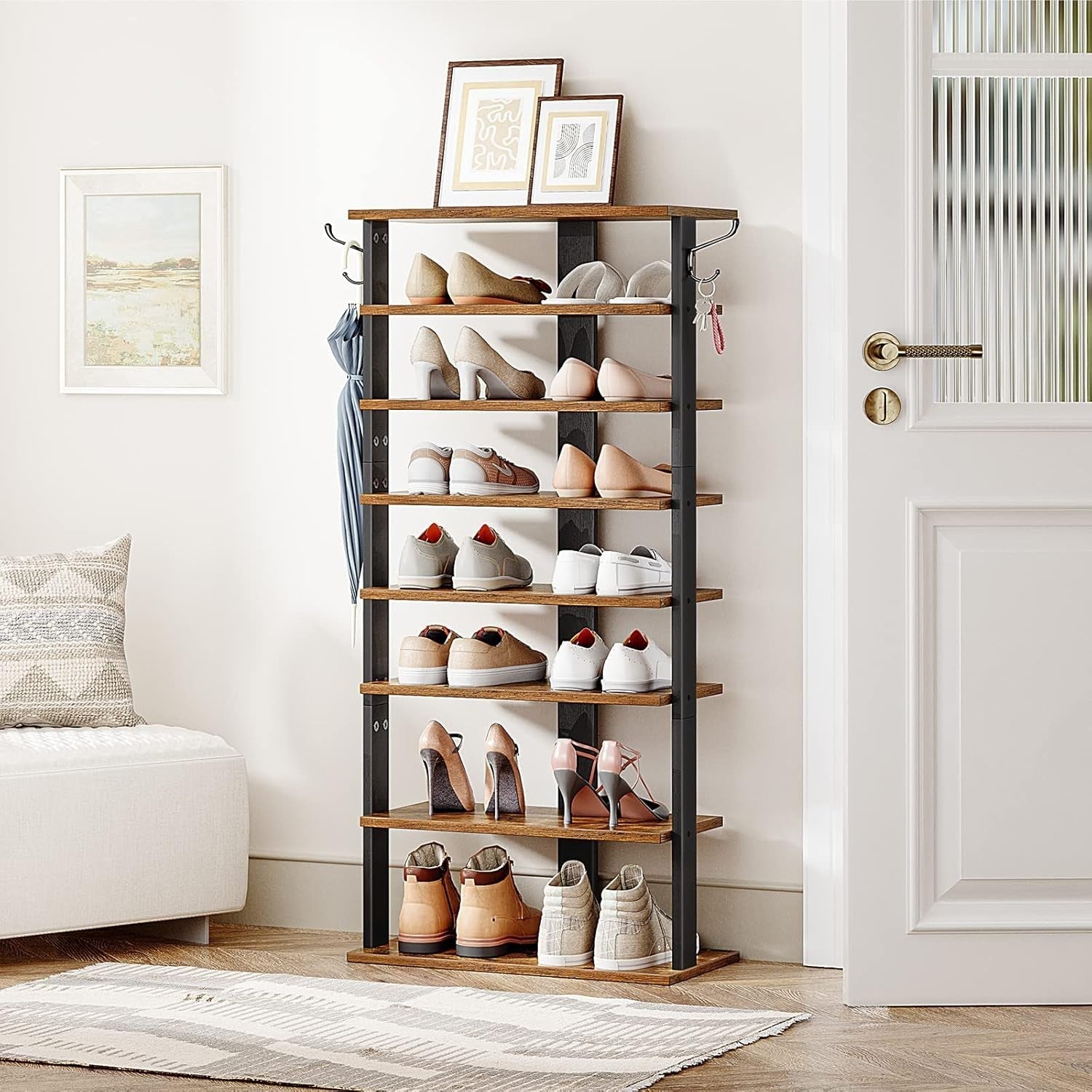 Tall Narrow Wooden Shoe Rack 8-Tier Storage Organizer with Hooks Industrial