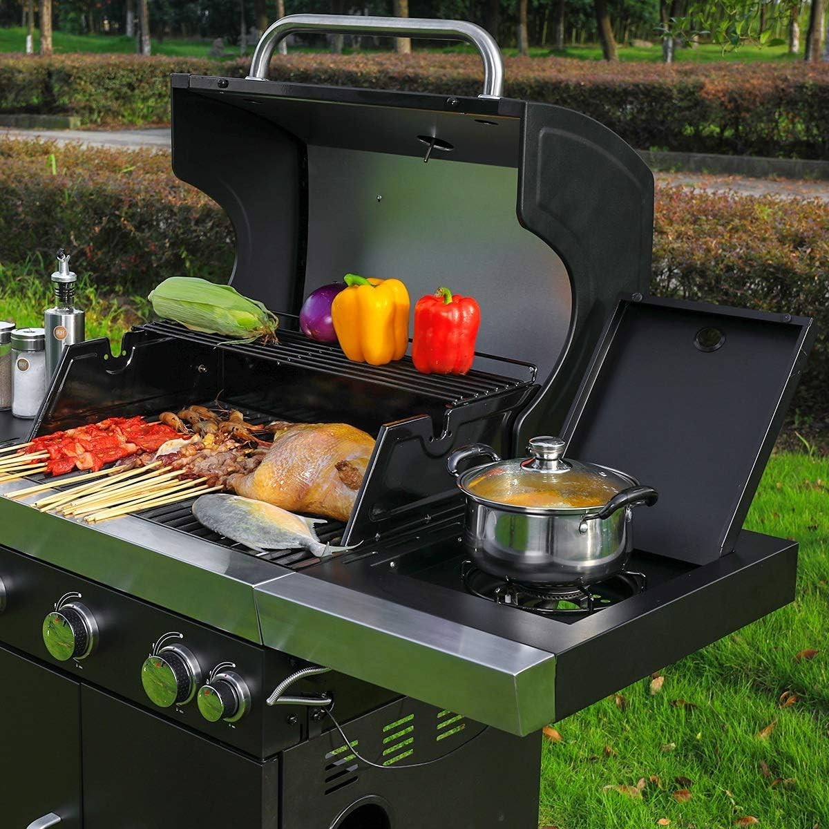 4 Burner Gas BBQ Grill with Side Burner, Storage Cabinet & Thermometer Outdoor