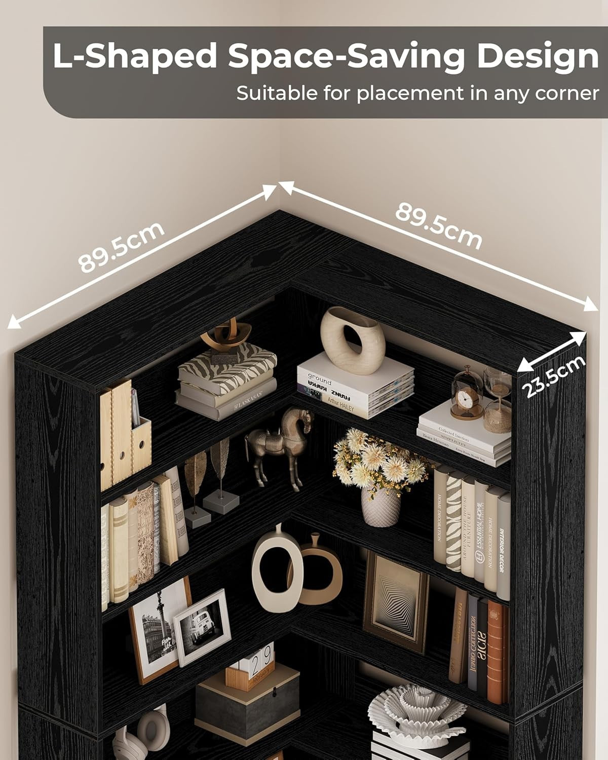 6-Tier Tall Corner Bookshelf Black 180cm L-Shaped Storage Rack