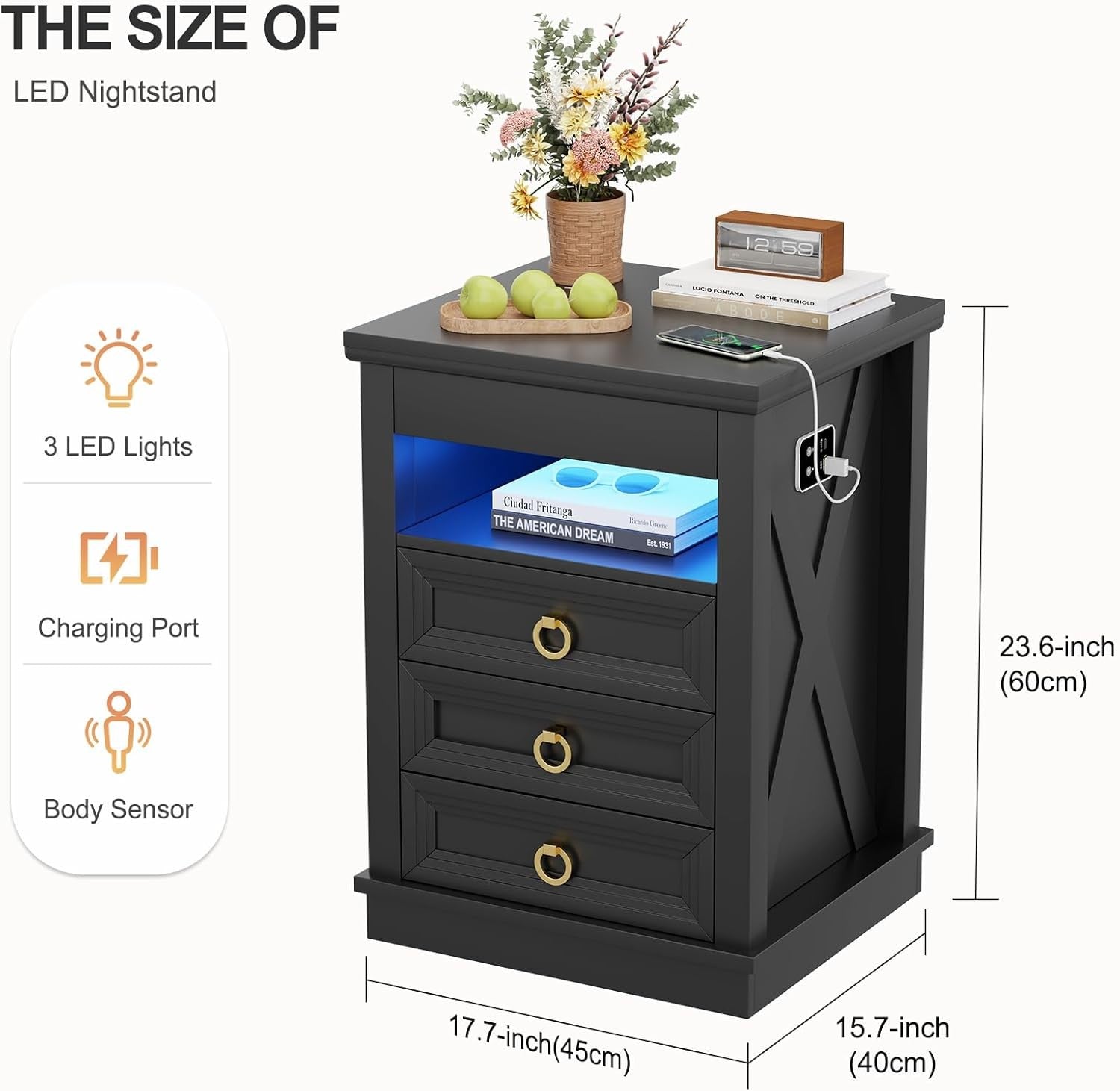 Black Smart Bedside Table with Wireless Charging, LED Lights & 4 Drawers Storage