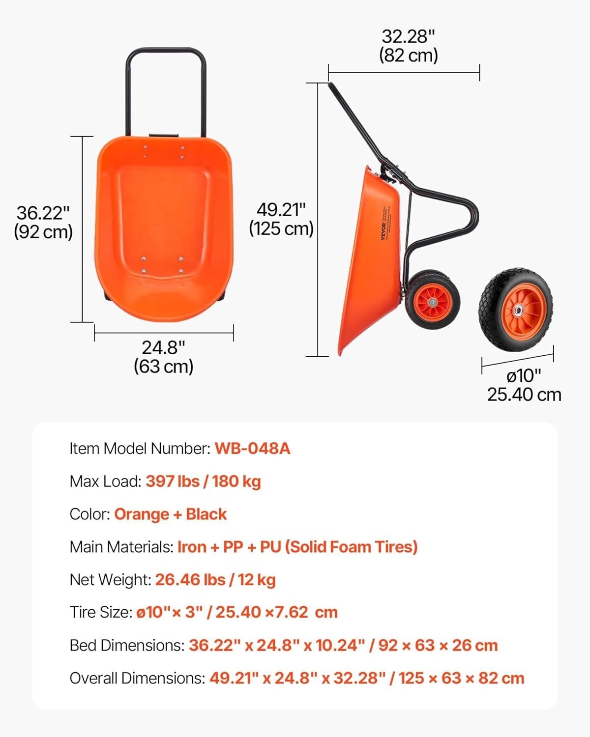 85L 2-Wheel Garden Wheelbarrow & Orange Heavy Duty Cart w/ 397lb Capacity