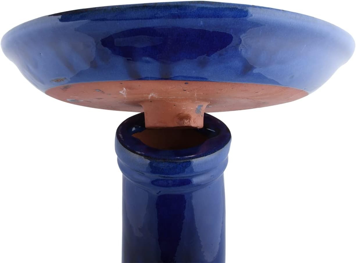 Blue Ceramic Bird Bath Garden Ornament Pedestal Bowl Outdoor Feeder Decor