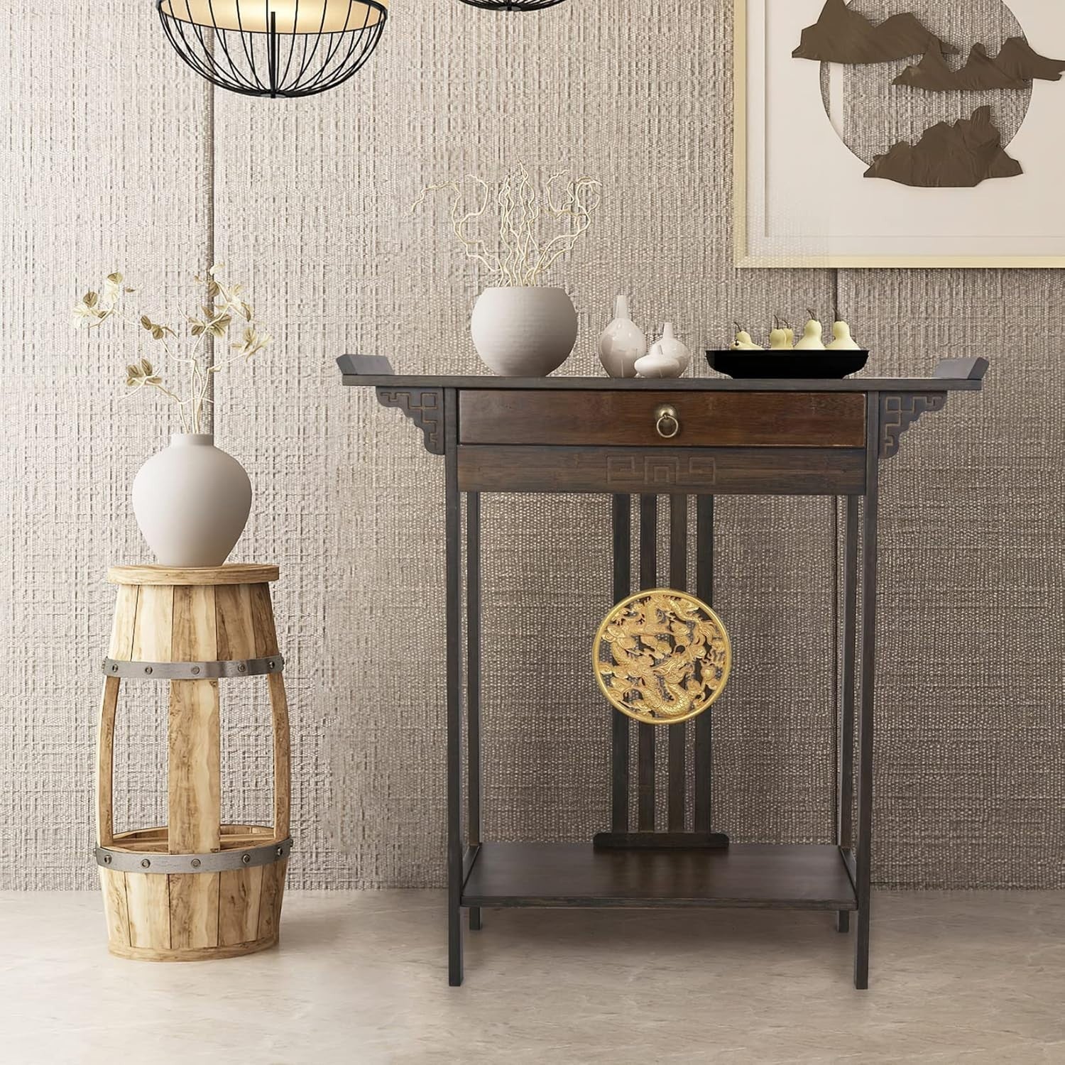 Narrow Rustic Bamboo Console Table 2 Tier Hallway Entryway Shelf 81.5x32x82cm