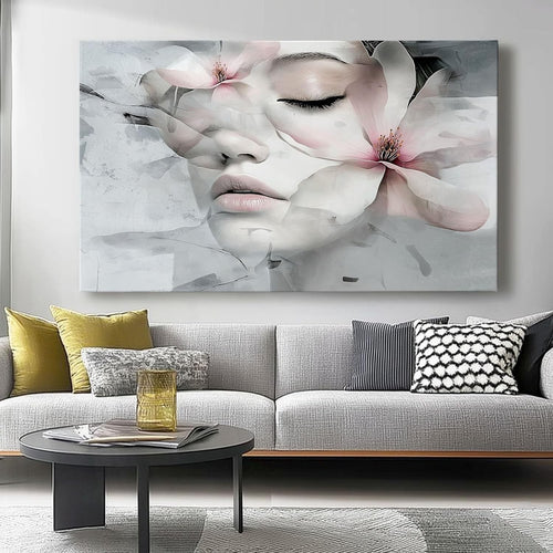 Large Abstract Face Floral Canvas Wall Art Pink Grey 46x31cm