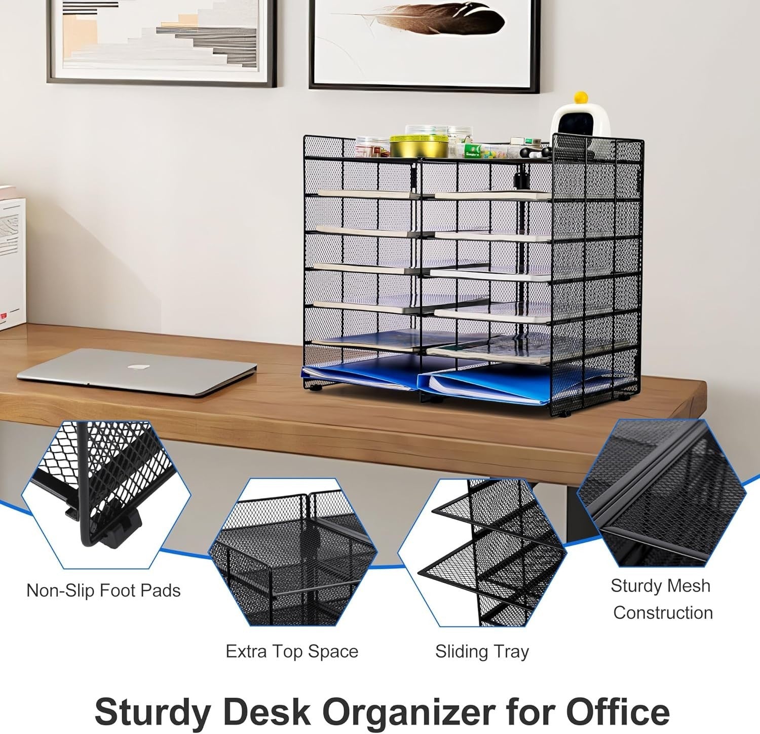 7-Tier Mesh Desk Organiser 12 Compartments A4 Paper File Tray Black