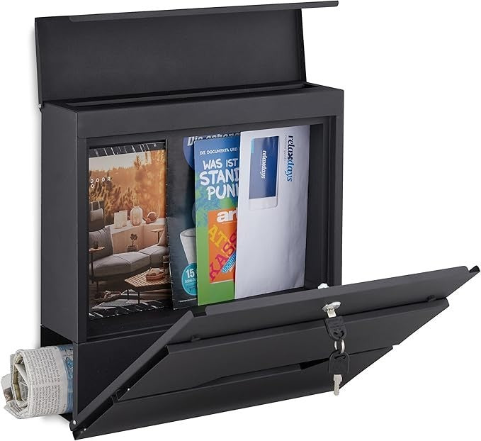 Wall Mounted Lockable Mailbox Black Steel Rainproof Slot Newspaper Tube
